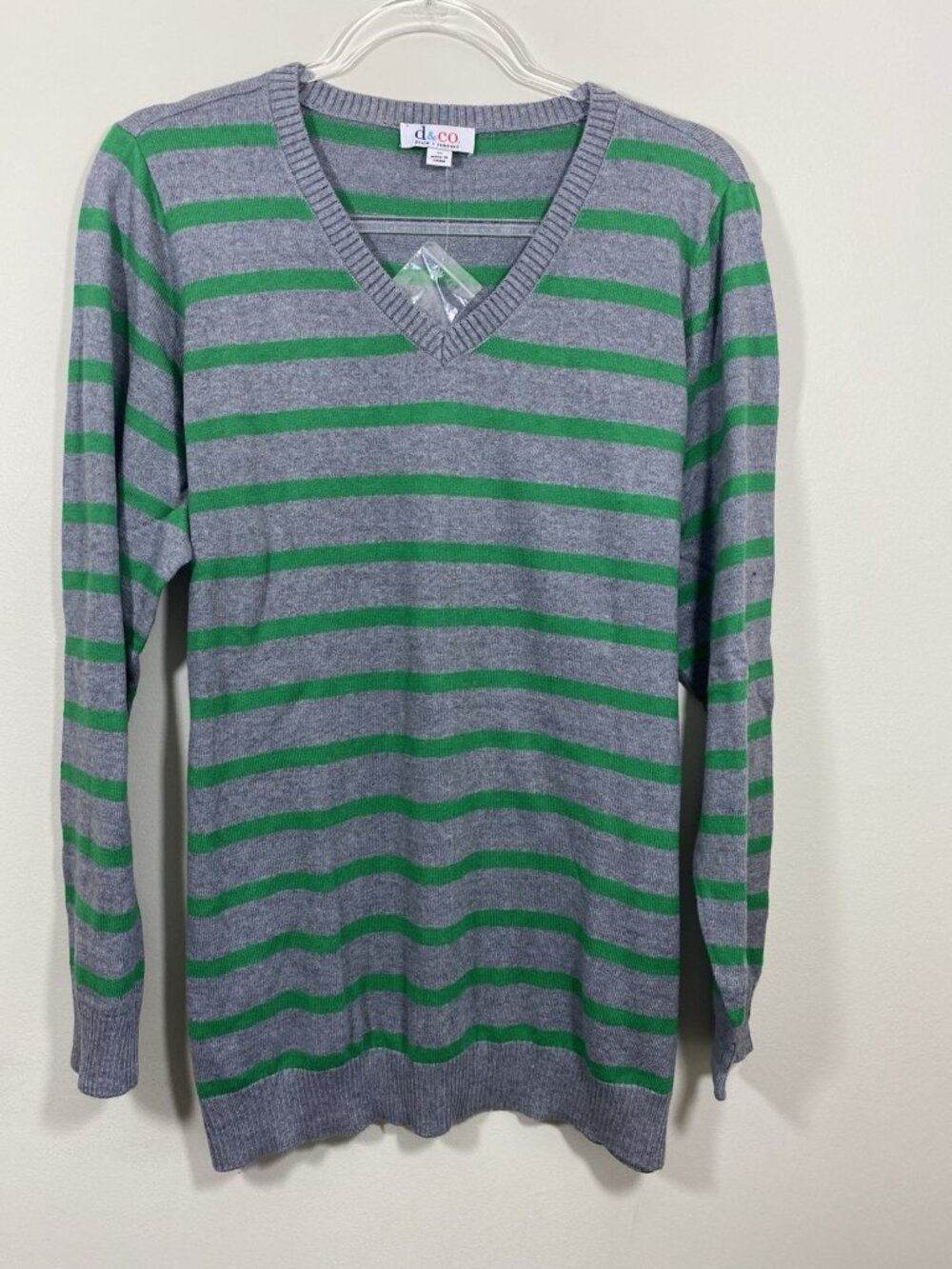 Denim & Co Size 1X Gray Green Striped Pullover Sweater V Neck Cotton Blend NEW